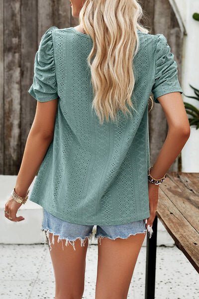 Eyelet Square Neck Puff Sleeve T-Shirt - Loulou Boutique