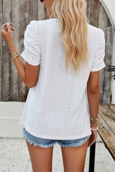 Eyelet Square Neck Puff Sleeve T-Shirt - Loulou Boutique
