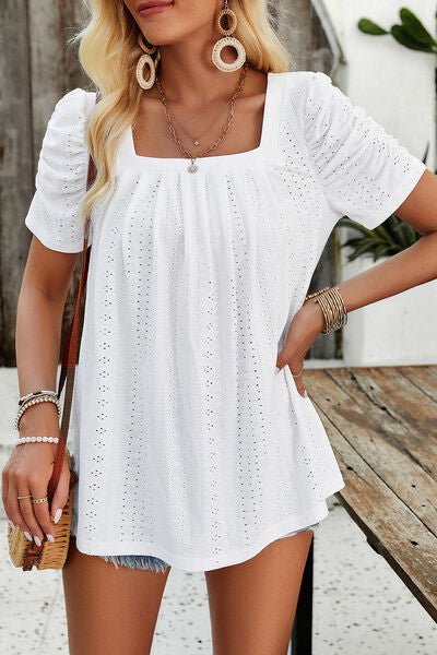 Eyelet Square Neck Puff Sleeve T-Shirt - Loulou Boutique