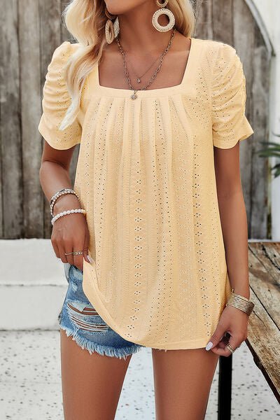Eyelet Square Neck Puff Sleeve T-Shirt - Loulou Boutique