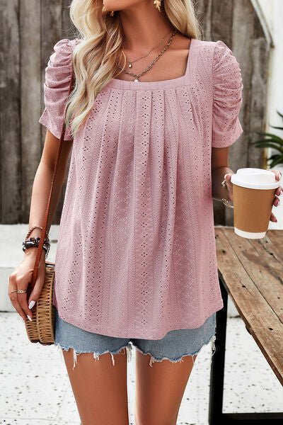 Eyelet Square Neck Puff Sleeve T-Shirt - Loulou Boutique