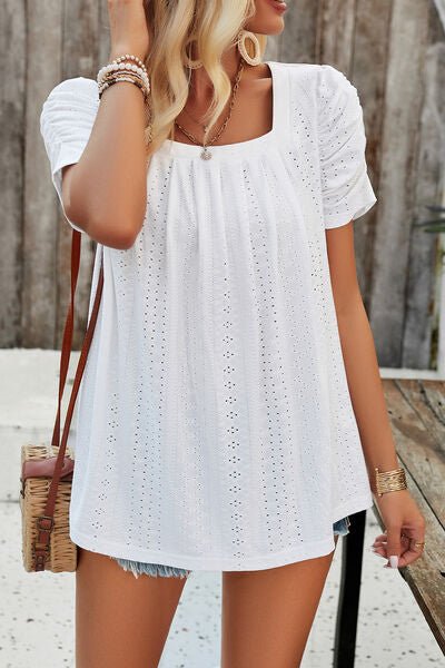 Eyelet Square Neck Puff Sleeve T-Shirt - Loulou Boutique