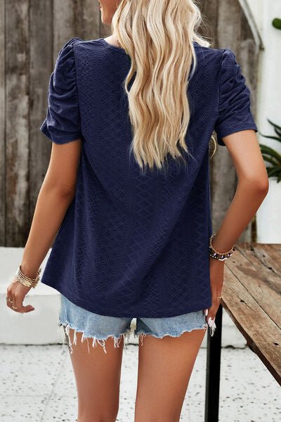 Eyelet Square Neck Puff Sleeve T-Shirt - Loulou Boutique