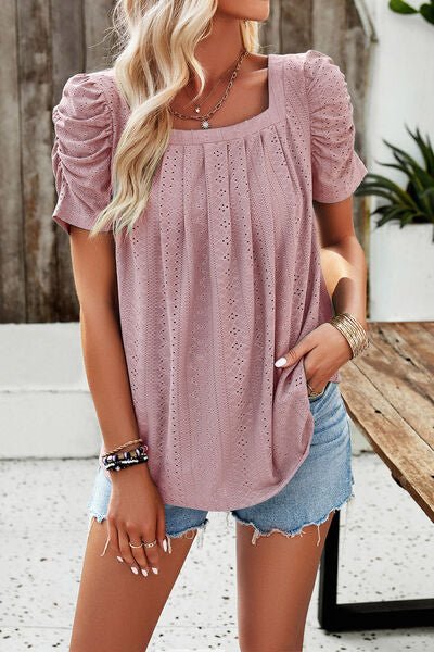 Eyelet Square Neck Puff Sleeve T-Shirt - Loulou Boutique