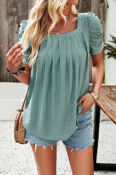 Eyelet Square Neck Puff Sleeve T-Shirt - Loulou Boutique
