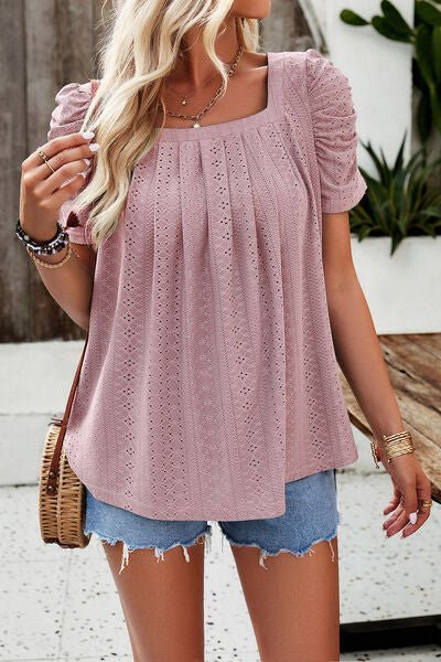 Eyelet Square Neck Puff Sleeve T-Shirt - Loulou Boutique