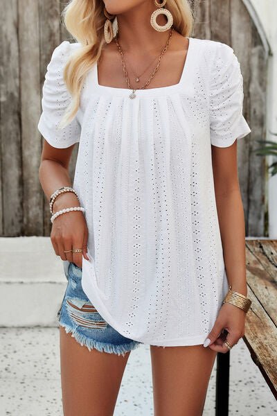 Eyelet Square Neck Puff Sleeve T-Shirt - Loulou Boutique