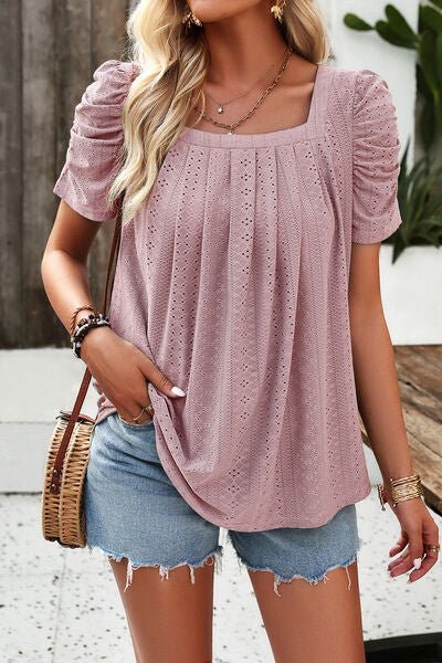 Eyelet Square Neck Puff Sleeve T-Shirt - Loulou Boutique