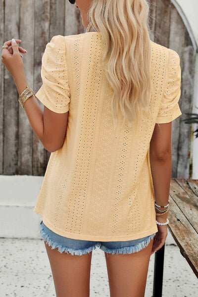 Eyelet Square Neck Puff Sleeve T-Shirt - Loulou Boutique