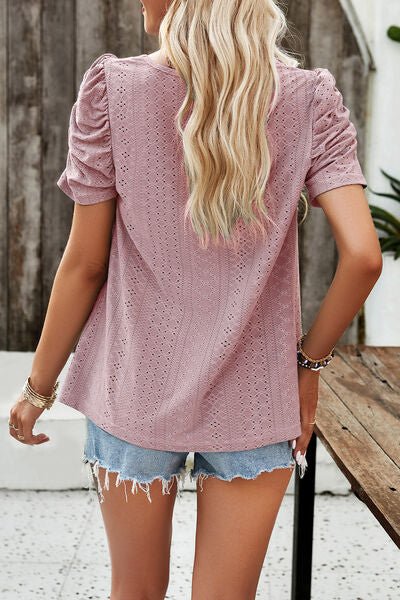 Eyelet Square Neck Puff Sleeve T-Shirt - Loulou Boutique