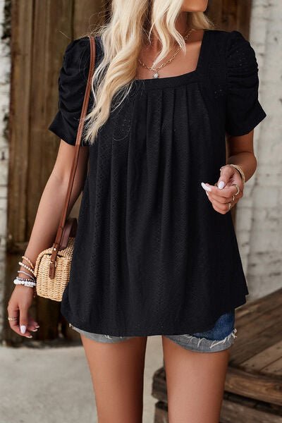 Eyelet Square Neck Puff Sleeve T-Shirt - Loulou Boutique