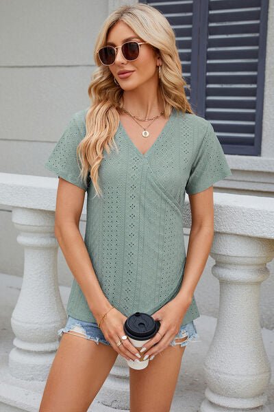 Eyelet Surplice Short Sleeve T-Shirt - Loulou Boutique