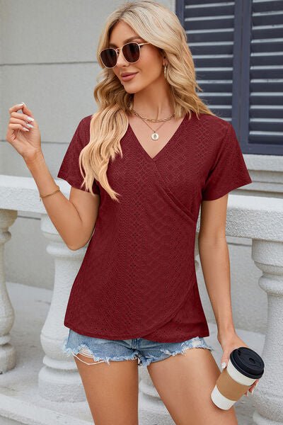 Eyelet Surplice Short Sleeve T-Shirt - Loulou Boutique
