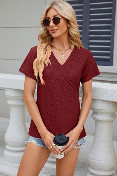 Eyelet Surplice Short Sleeve T-Shirt - Loulou Boutique