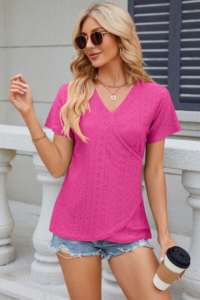 Eyelet Surplice Short Sleeve T-Shirt - Loulou Boutique