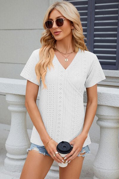 Eyelet Surplice Short Sleeve T-Shirt - Loulou Boutique
