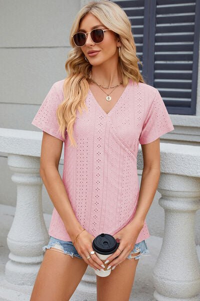 Eyelet Surplice Short Sleeve T-Shirt - Loulou Boutique