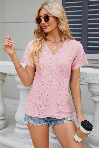 Eyelet Surplice Short Sleeve T-Shirt - Loulou Boutique