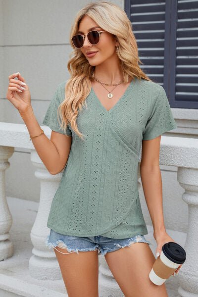 Eyelet Surplice Short Sleeve T-Shirt - Loulou Boutique