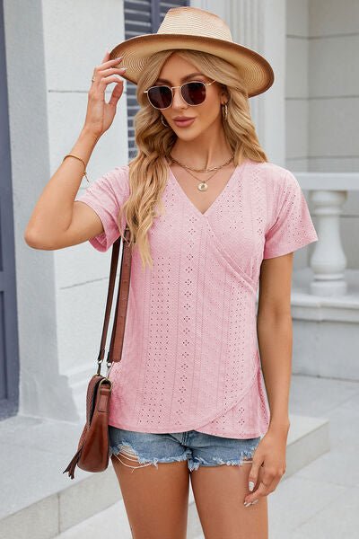 Eyelet Surplice Short Sleeve T-Shirt - Loulou Boutique