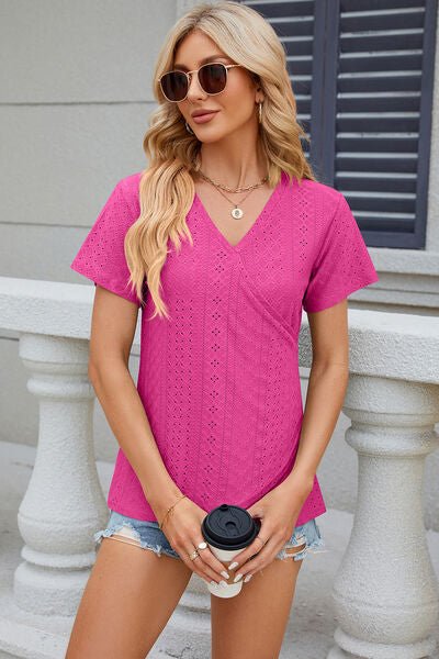 Eyelet Surplice Short Sleeve T-Shirt - Loulou Boutique