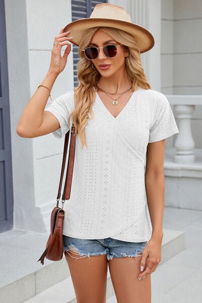 Eyelet Surplice Short Sleeve T-Shirt - Loulou Boutique
