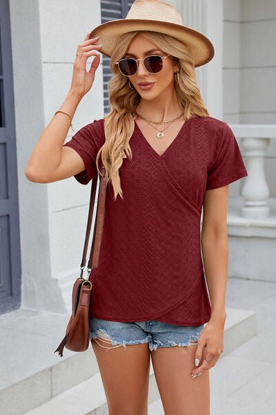 Eyelet Surplice Short Sleeve T-Shirt - Loulou Boutique