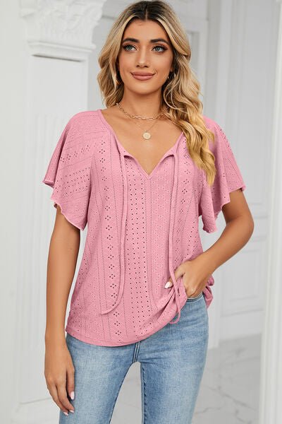 Eyelet Tie Neck Flutter Sleeve Blouse - Loulou Boutique