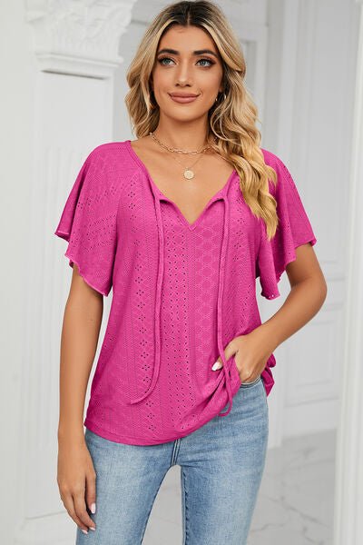 Eyelet Tie Neck Flutter Sleeve Blouse - Loulou Boutique