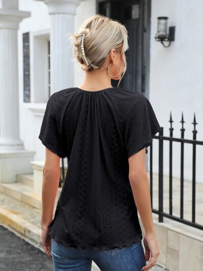 Eyelet Tie Neck Flutter Sleeve Blouse - Loulou Boutique