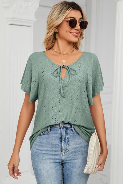 Eyelet Tie Neck Flutter Sleeve Blouse - Loulou Boutique