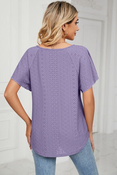 Eyelet Tie Neck Flutter Sleeve Blouse - Loulou Boutique