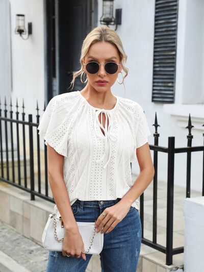 Eyelet Tie Neck Flutter Sleeve Blouse - Loulou Boutique