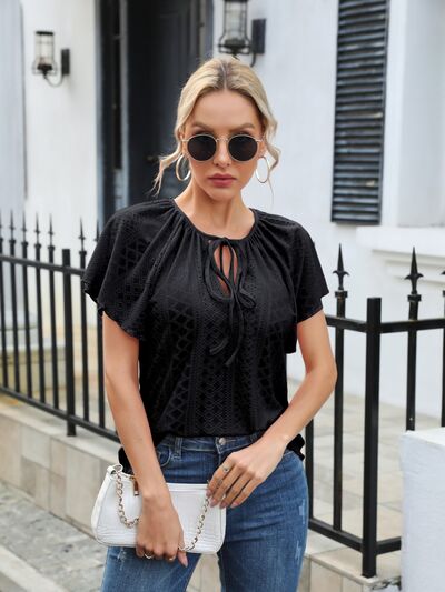 Eyelet Tie Neck Flutter Sleeve Blouse - Loulou Boutique