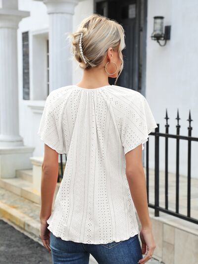 Eyelet Tie Neck Flutter Sleeve Blouse - Loulou Boutique