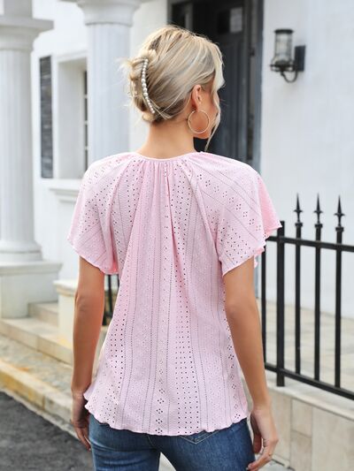 Eyelet Tie Neck Flutter Sleeve Blouse - Loulou Boutique