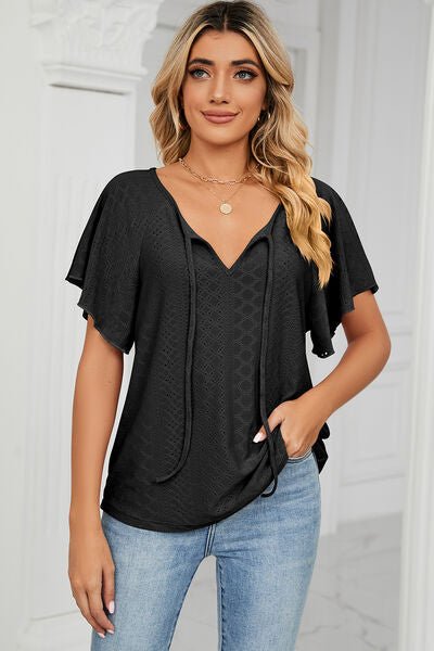 Eyelet Tie Neck Flutter Sleeve Blouse - Loulou Boutique