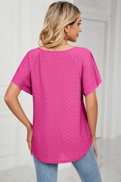 Eyelet Tie Neck Flutter Sleeve Blouse - Loulou Boutique