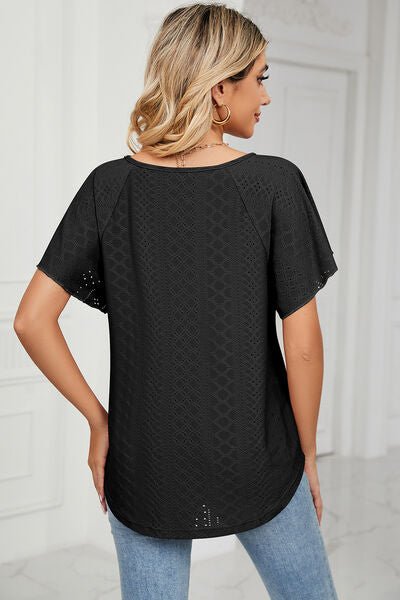 Eyelet Tie Neck Flutter Sleeve Blouse - Loulou Boutique