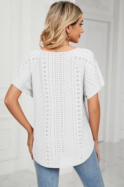 Eyelet Tie Neck Flutter Sleeve Blouse - Loulou Boutique