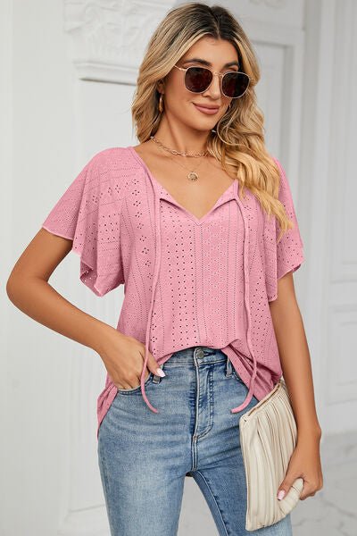 Eyelet Tie Neck Flutter Sleeve Blouse - Loulou Boutique