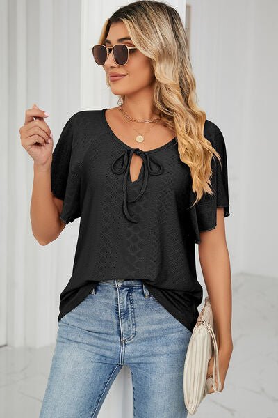 Eyelet Tie Neck Flutter Sleeve Blouse - Loulou Boutique