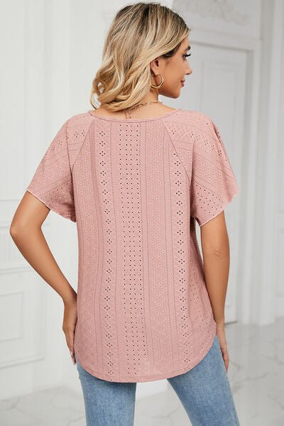 Eyelet Tie Neck Flutter Sleeve Blouse - Loulou Boutique