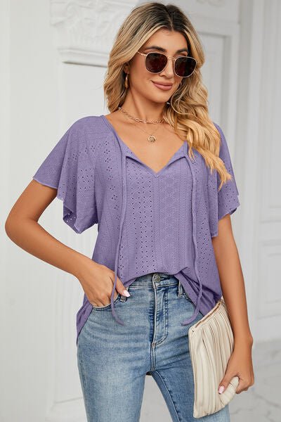 Eyelet Tie Neck Flutter Sleeve Blouse - Loulou Boutique