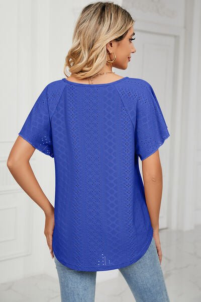 Eyelet Tie Neck Flutter Sleeve Blouse - Loulou Boutique