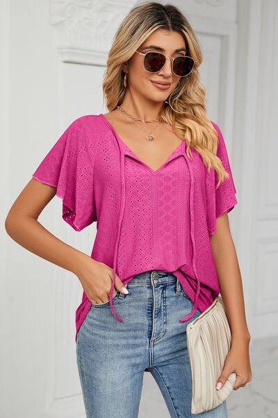 Eyelet Tie Neck Flutter Sleeve Blouse - Loulou Boutique