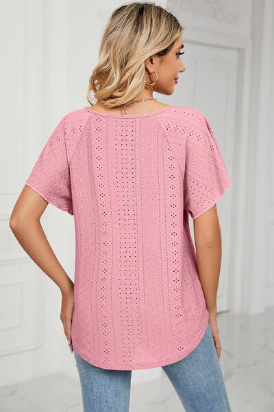Eyelet Tie Neck Flutter Sleeve Blouse - Loulou Boutique