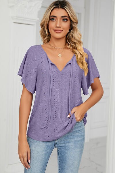 Eyelet Tie Neck Flutter Sleeve Blouse - Loulou Boutique