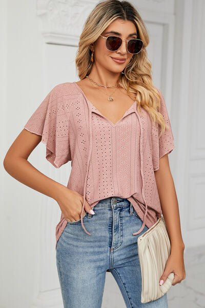 Eyelet Tie Neck Flutter Sleeve Blouse - Loulou Boutique