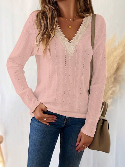 Eyelet V - Neck Dropped Shoulder T-Shirt - Loulou Boutique
